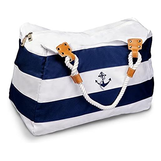 WildStage borsa da spiaggia xl con chiusura lampo - 45 x 24 x 36 cm - borsa a tracolla di alta qualità con tasca interna - borsa a tracolla - borsa da donna - blu e bianco