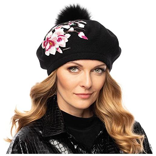 Vivisence berretto femminile elegante invernale floreale di lana 7067, nero, taglia unica