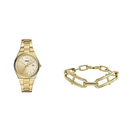 Fossil - orologio da donna scarlette e bracciale heritage d-link - data a ore tre, acciaio inossidabile tonalità oro