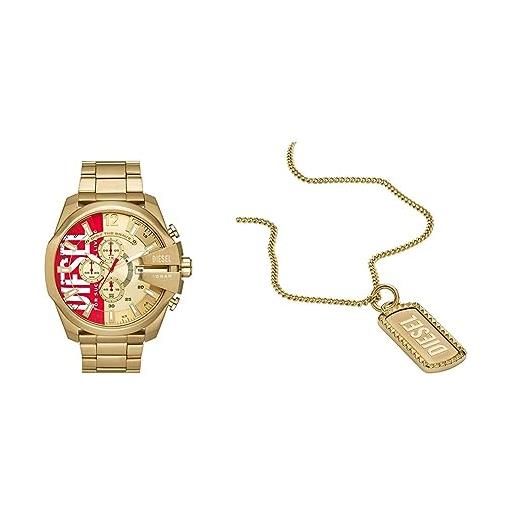 Diesel orologio uomo - mega chief e collana dog tag - movimento cronografo, acciaio inossidabile placcato oro