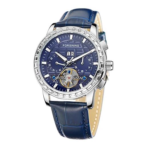 FORSINING nuovo mens orologi diamante cristallo moda vestito di lusso in acciaio inox impermeabile orologio meccanico con data mese settimana luminoso, 3 blu. , business