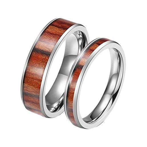 ANAZOZ anello coppia acciaio inossidabile, anelli coppia incisione personalizzata anelli uomo donna coppia 4/6mm argento marrone anello con grano di legno taglia donna 14(54mm) + uomo 27(67mm)