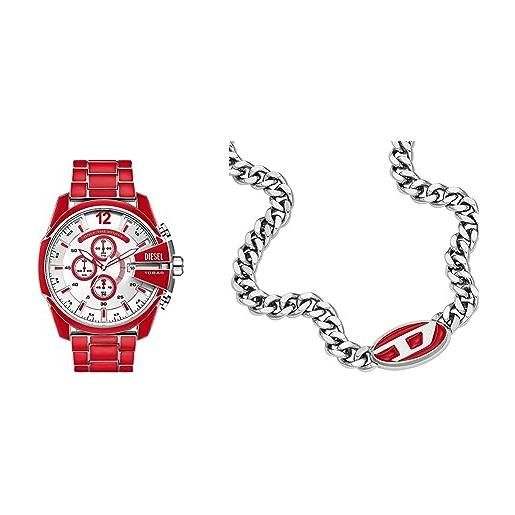 Diesel mega chief orologio da uomo e collana con catena - movimento cronografo, acciaio inossidabile smaltato rosso