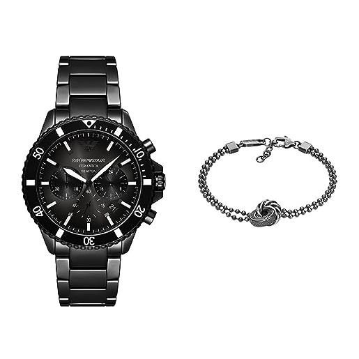 Emporio Armani orologio da uomo con movimento cronografo e bracciale a catena - orologio in ceramica nera e bracciale in acciaio inossidabile con finitura nera