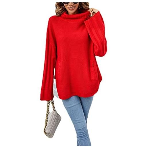 Qiyun.z maglione oversize da donna pullover a collo alto maglioni a maniche lunghe in maglia a trecce top rosso l