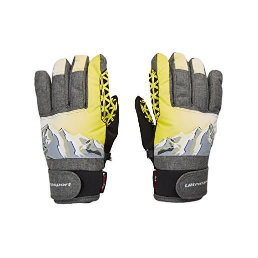 Ultrasport rocky guanti da sci per bambino, flessibili, con dita e ampia libertà di movimento, idrorepellenti, antivento, nero/grigio/bianco/giallo, 12-14 anni