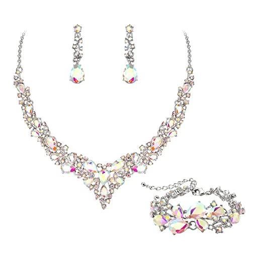 Clearine Set Gioielli Da Sposa: Collana Con Ciondolo A Goccia E Orecchini Pendenti A Grappolo Di Cristalli, Foglia Rotonda, Per Matrimonio, Prom, Festa, Regalo Per Donna
