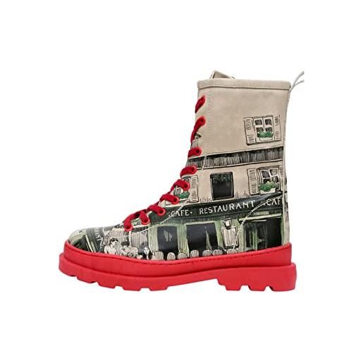 DOGO femme cuir vegan rouge bottes longues à glissière - bottes de mode décontractées confortables faites à la main, la vie parisienne motif