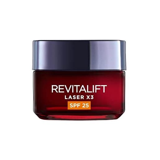 L'oréal paris crema viso giorno revitalift laser x3, azione antirughe e anti-età, con acido ialuronico, vitamina c e pro-retinolo, anti-macchie, protezione spf 25, 50 ml