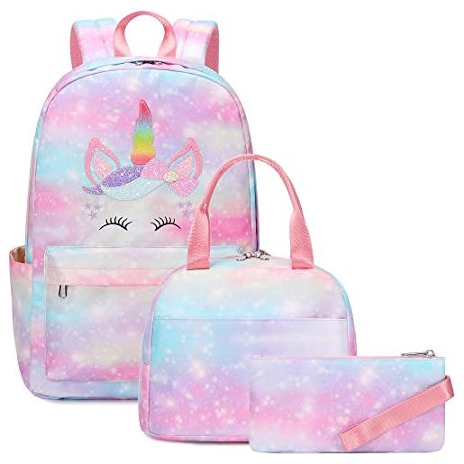 Kouxunt unicorno zaino scuola elementare bambina, zaini scuola media ragazze school bag con borsa termica e astuccio (rosa)