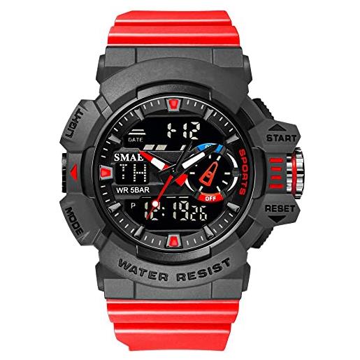 Forrader orologio sportivo digitale da uomo, impermeabile, con cronometro, sveglia, conto alla rovescia, doppio display, multifunzione, orologio militare, rosso, cinturino