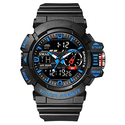 Forrader orologio sportivo digitale da uomo, impermeabile, con cronometro, sveglia, conto alla rovescia, doppio display multifunzione, nero/blu