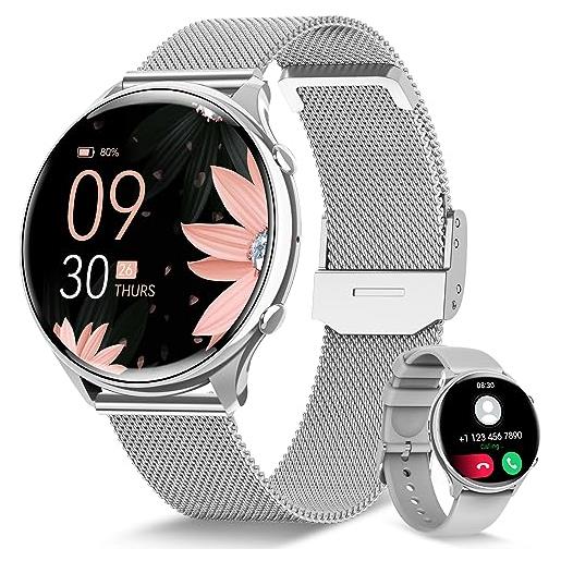 RUXINGX smartwatch donna con chiamate whatsapp, hd schermo orologio smartwatch con monitoraggio ciclo/120 sport/24h cardiofrequenzimetro/spo2/sonno, fitness tracker ip68 android ios argento