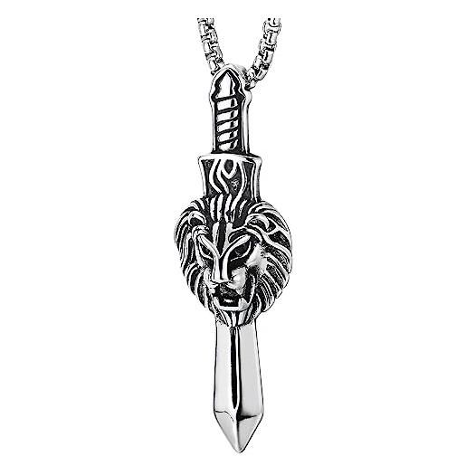 COOLSTEELANDBEYOND collana ciondolo da uomo in acciaio inossidabile con testa di leone e spada, e catena in grano lunga 76 cm