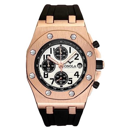RORIOS orologio da uomo orologio sportivo analogico quarzo orologio da polso moda cronografo orologio multifunzione impermeabile orologio casual in gomma oro rosa bianco