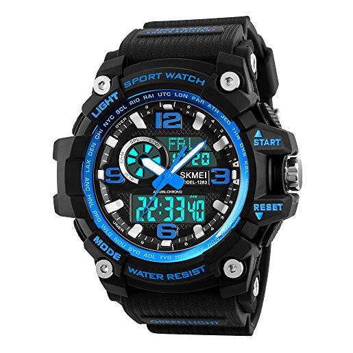 SKMEI orologio sportivo digitale da uomo, 50 m, impermeabile, con schermo a led, cronometro, sveglia, orologio da polso, blu, digitale