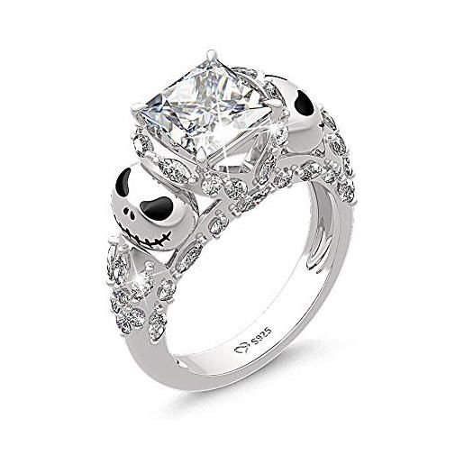 Jeulia jack skellington anelli donna nightmare before christmas skull rings 925 sterling silver princess cut band ring anniversary promise romantic for her teen girls (10.5)