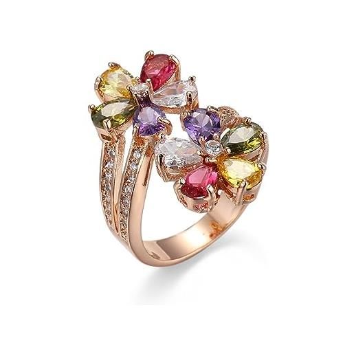 MIATCENRT anelli gioielli per donna - anello doppio fiore con zirconi colorati vintage, anello con pietre preziose a forma di fiore romantico francese accessori gioielleria da indossare quotidianamente, colora