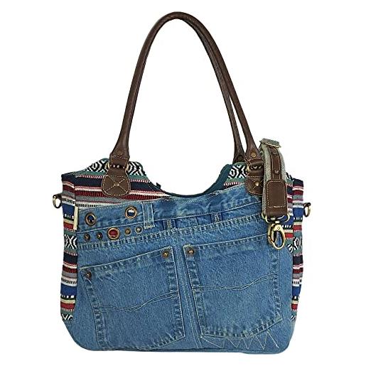 Sunsa borsa da donna borsa a mano sostenibile in jeans riciclati, cotone e pelle, grande borsa a tracolla con molti scomparti, borsa a tracolla come regalo per donne/ragazze, blu colorido, xl