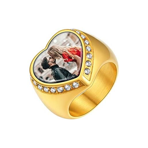 Supcare anello donna personalizzato con zirconi, anello cuore con foto personalizzabile, 14-32 misura anello uomo oro brillante, idee regalo per uomo donna