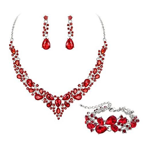 EVER FAITH gioielli da sposa per donna, collana di cristallo austriaco goccia cluster dichiarazione orecchini dangle bracciale link set rosso argento fondo