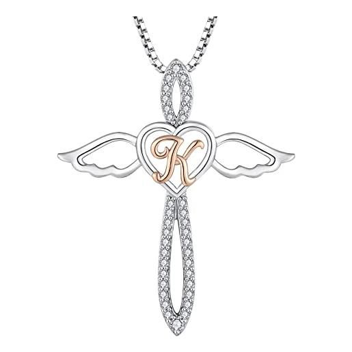 FJ collana lettera k argento 925 donna collana con ciondolo angelo custode collana iniziale alfabeto con zirconia cubica gioielli regalo per donna