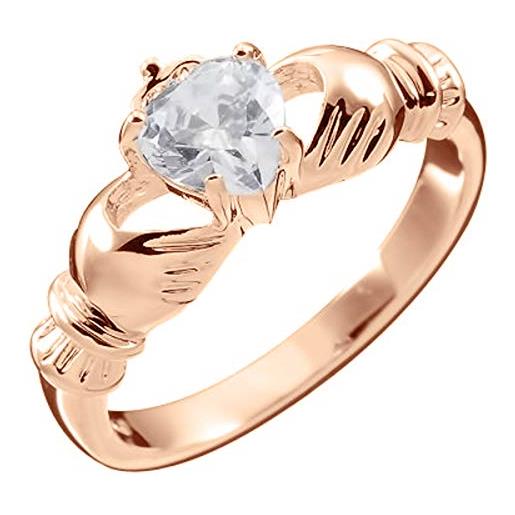 GWG Jewellery anello placcato in oro rosa 18k claddagh con cuore in cz bianco diamante, mani e corona - 7
