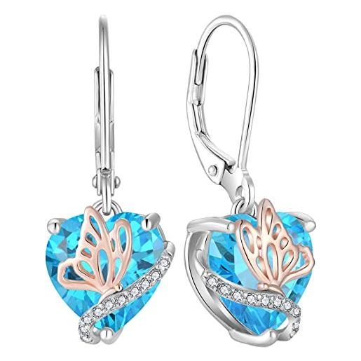 YL orecchini farfalla cuore in argento 925 con orecchini da donna in pietra portafortuna di marzo acquamarina