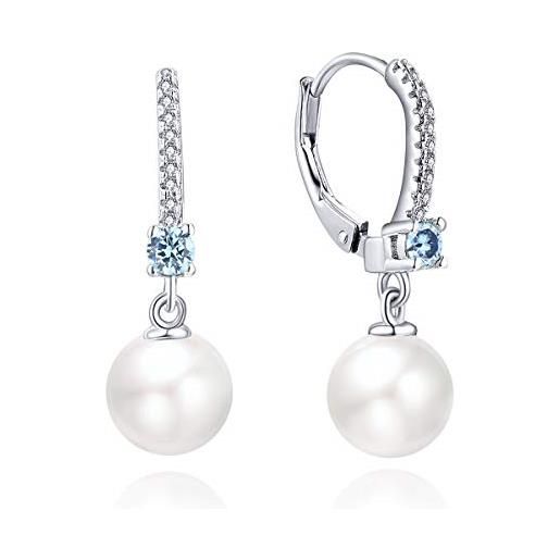 JO WISDOM orecchini perle argento 925 donna con 8mm perle 3a zirconia cubica marzo birthstone colore acquamarina