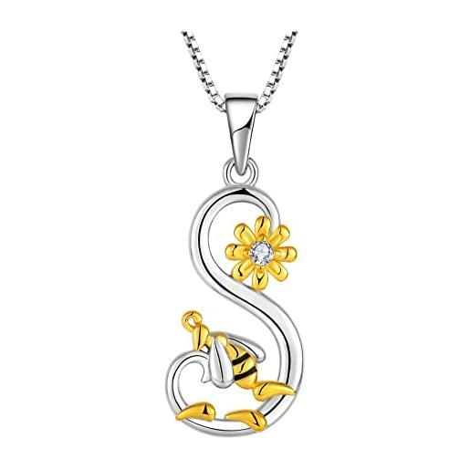 FJ collana lettera s argento 925 donna collana con ciondolo iniziale alfabeto collana ape girasole margherite con zirconia cubica gioielli regalo per donna