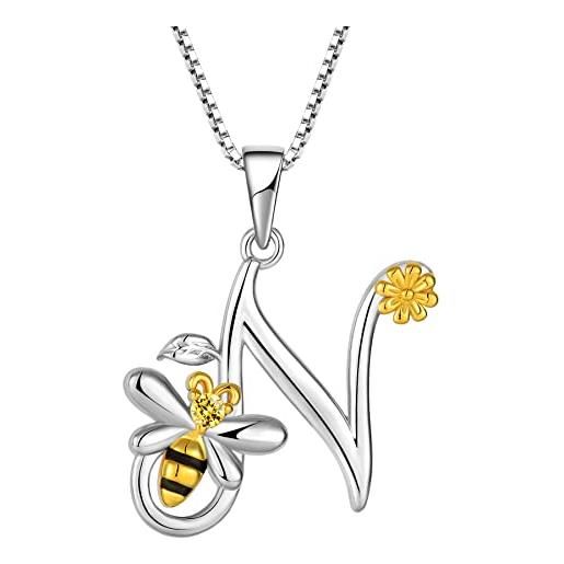 FJ collana lettera n argento 925 donna collana con ciondolo iniziale alfabeto collana ape girasole margherite con zirconia cubica gioielli regalo per donna