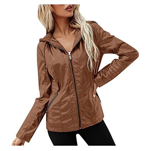 KGLHTYU giacca da donna in ecopelle, vintage, corta, in finta pelle, con cerniera, colore marrone, marrone, l