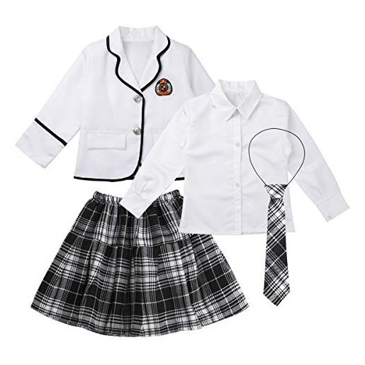 Freebily uniforme scolastica giapponese classica 4 pezzi completo scuola ragazza camicetta bianca giacca scuola americana gonna a pieche corta vita alta con cravatta nero 8-10 anni