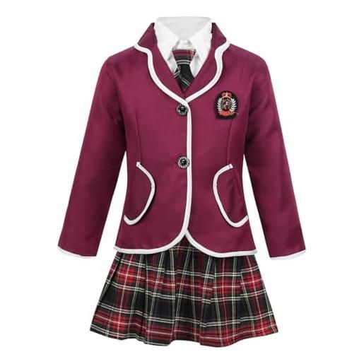 Freebily uniforme scolastica giapponese classica 4 pezzi completo scuola ragazza camicetta bianca giacca scuola americana gonna a pieche corta vita alta con cravatta nero 10-12 anni