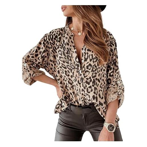 QREXVOG camicette da donna camicie abbottonate a maniche lunghe con leopardo cardigan sciolta camicia