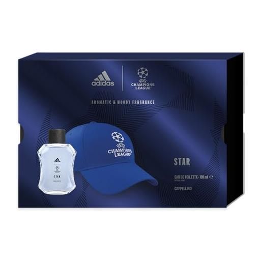 Adidas, confezione regalo uefa star edition, eau de toilette uomo 100 ml e cappello uomo da baseball blu