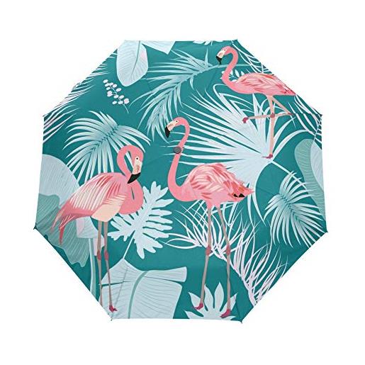 ALAZA ombrello pieghevole automatico, grunge, protezione uv, ombrello portatile da sole e pioggia, per bambini, donne e uomini verde flamingo 012