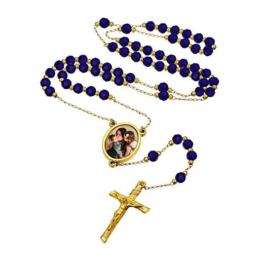 Custom4U collana rosario personalizzata gesù croce rosario blu navy 18k oro placcato in acciaio inossidabile 316l gioielli religiosi cristiani cattolici