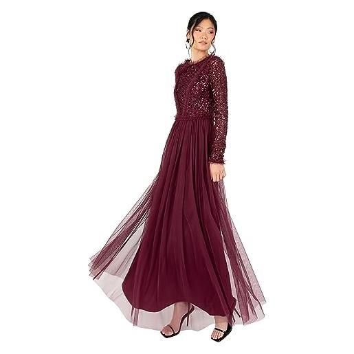 Maya Deluxe women's maxi dress ladies crew neck long sleeve sequin embellished tulle ruffle for wedding guest bridesmaid ball gown vestiti, colore: rosso, 52 it donna