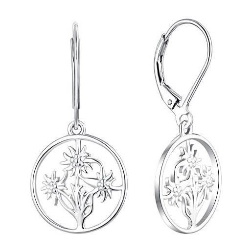 JO WISDOM orecchini edelweiss in argento 925 donna con placcato oro bianco, orecchini di fiori, gioielli per le donne