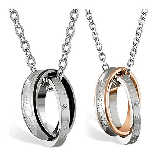 OIDEA 1 paio (2 pezzi) di ciondoli ad anello per partner con catenina da 45 cm e 50 cm, collana per uomo e donna, acciaio inossidabile, senza pietra