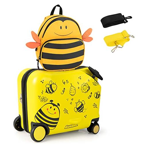 COSTWAY 2 pezzi valigia per bambini con maniglia retrattile + zaino bagaglio a mano, con ruote girevoli a 360 ° (piccola ape)