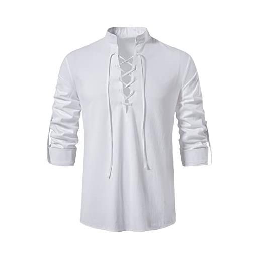 YMING uomo scozzese giacobita ghillie kilt camicie medievale rinascimentale coulisse camicia pirata 3/4 maniche cotone lino camicie bianco m