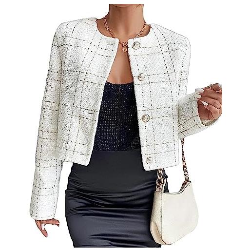 Vagbalena giacca donna plaid tweed giacca slim vintage manica lunga tweed camicetta corta cardigan senza colletto casual blazer business workwear coulisse giacca (bianco, l)