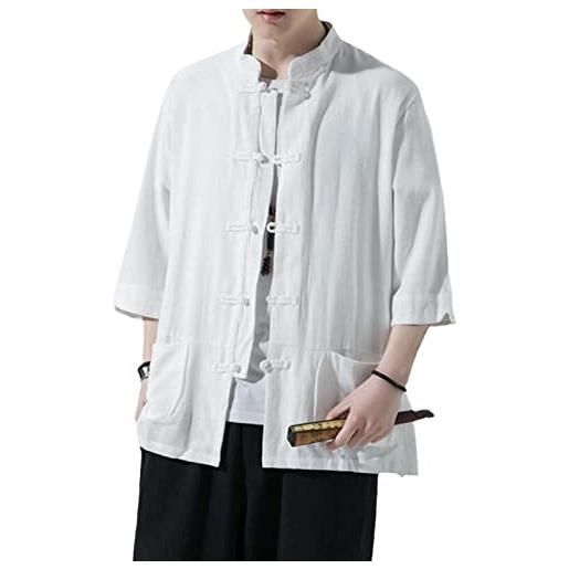 HongYunoH abito da uomo in lino con bottoni a forma di rana in stile cinese camicia in lino di cotone vintage a manica media bianco xxl