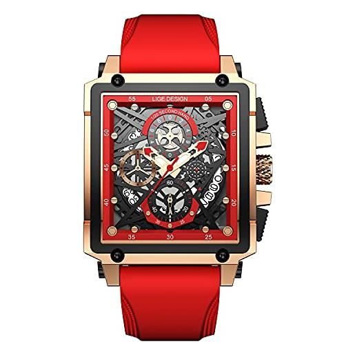 LIGE orologi da polso da uomo 30m impermeabile al quarzo analogico mutifuntional cronografo orologio per gli uomini orologio sportivo moda con cinturino in silicone rossa