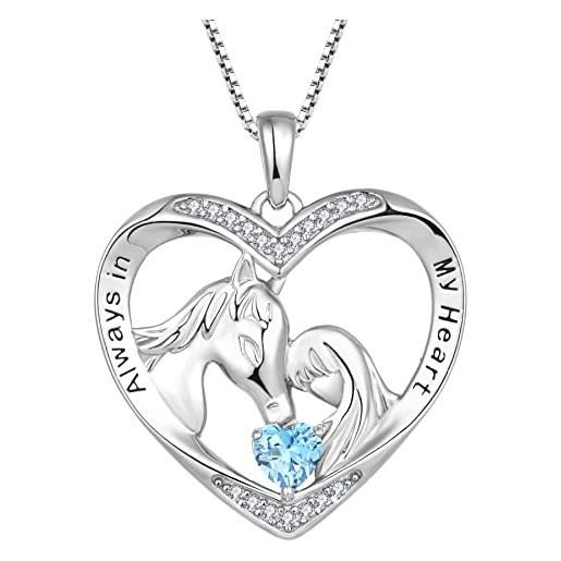 YL collana di cavallo in argento 925 con marzo pietra portafortuna acquamarina gioielli cuore ciondolo a forma di cavallo per donna