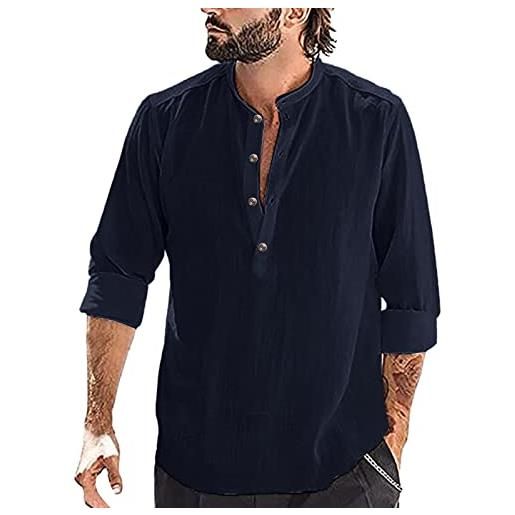 Gumiao camicia casual da uomo maglietta t-shirt in cotone lino a maniche lunga scollo a v unita elegante moda camicia da uomo a maniche lunghe con tasche blu scuro 3xl #128