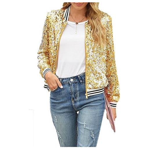 Caziffer giacca da pilota con zip da donna casual con paillettes lucide giubbotto bomber leggero cardigan metallizzato glitterato capispalla (oro, xxl)