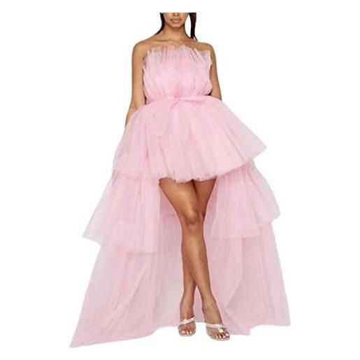 Owegvia donne alta bassa maglia vestito a livelli off spalla senza spalline tubo tulle puffy cocktail prom dress abito da sera di sposa trailing abito, rosa, l